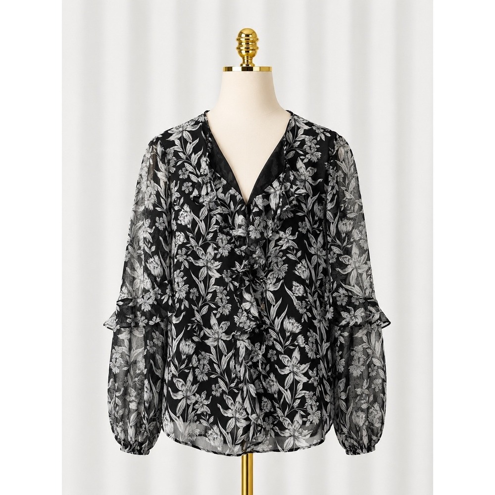 Lauren Ralph Lauren Blouse Sheer Overlay Black White Floral Ruffle V-Neck Size S